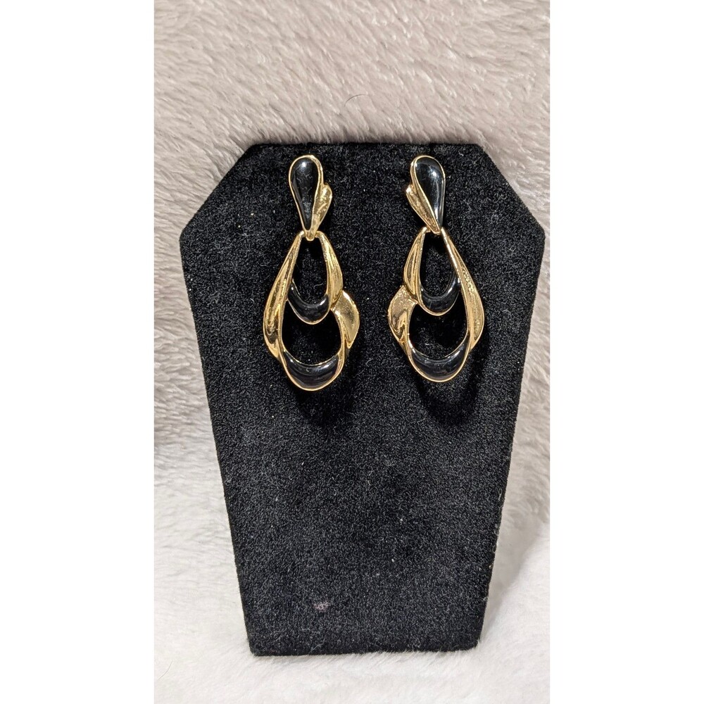 Vintage gold-tone and black enamel abstract drop post earrings